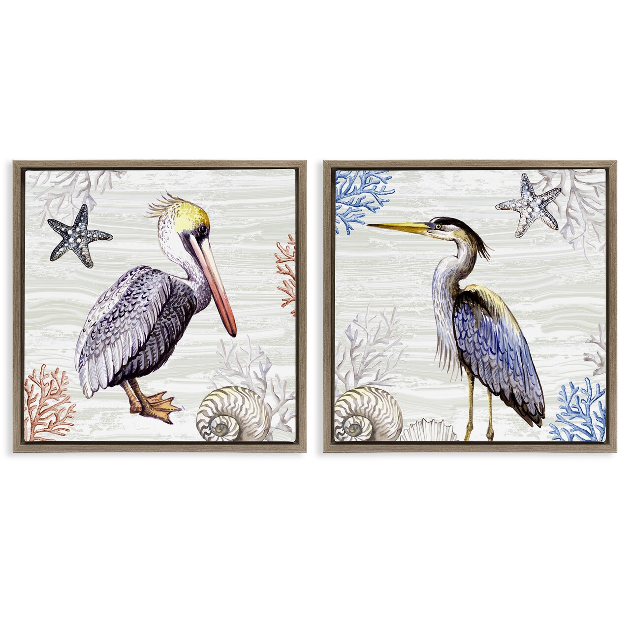 Stupell Industries Coastal Pelican & Heron 2 pc Framed Floater Canvas Wall Art Set Design by Elena Vladykina
